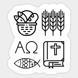 Black and White Christian Symbols Alpha, Omega, Wheat, Harvest, Bible, Fish, Bread Sticker